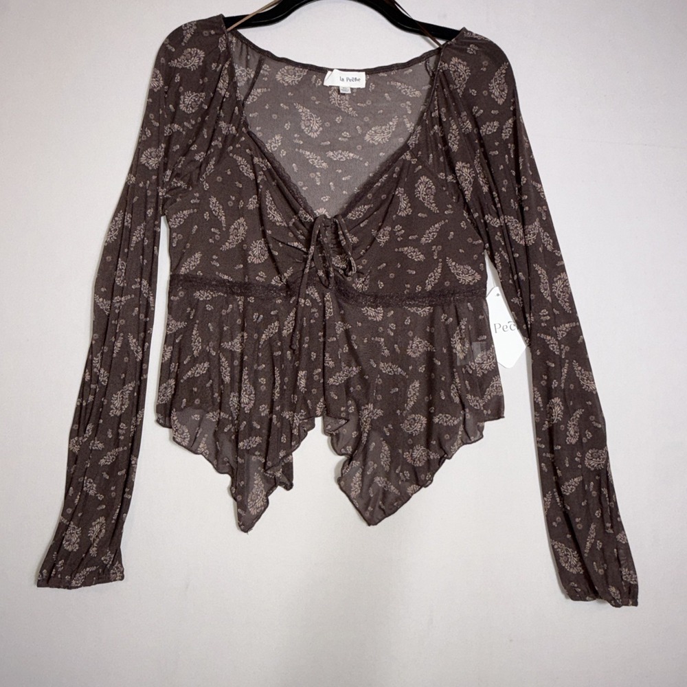 La Peche Cropped Baby Doll Top Brown Floral Lace Long Sleeve Peplum-like‎ Hem XL